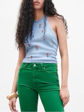 Zara Knit Halter Top Blue Floral Embroidered Open Back Tie Summer Y2K| Size M